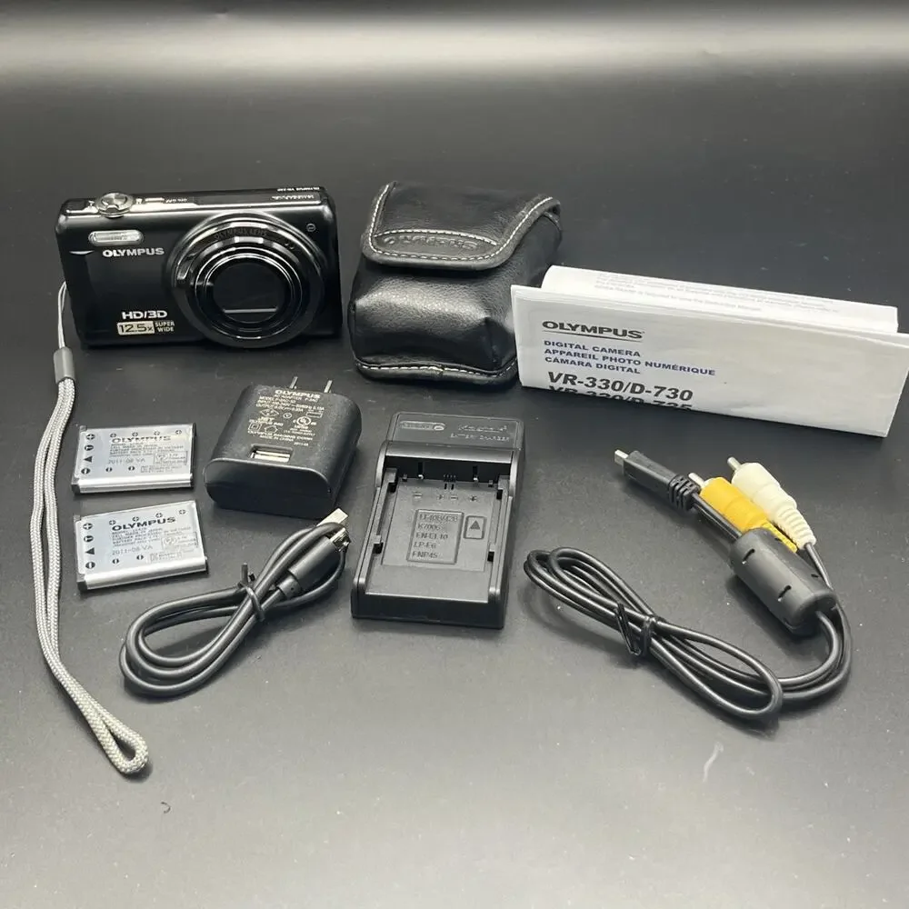 Olympus VR-330 14MP Black Digital Camera 2 Batteries Charger Case AV Cord Guide